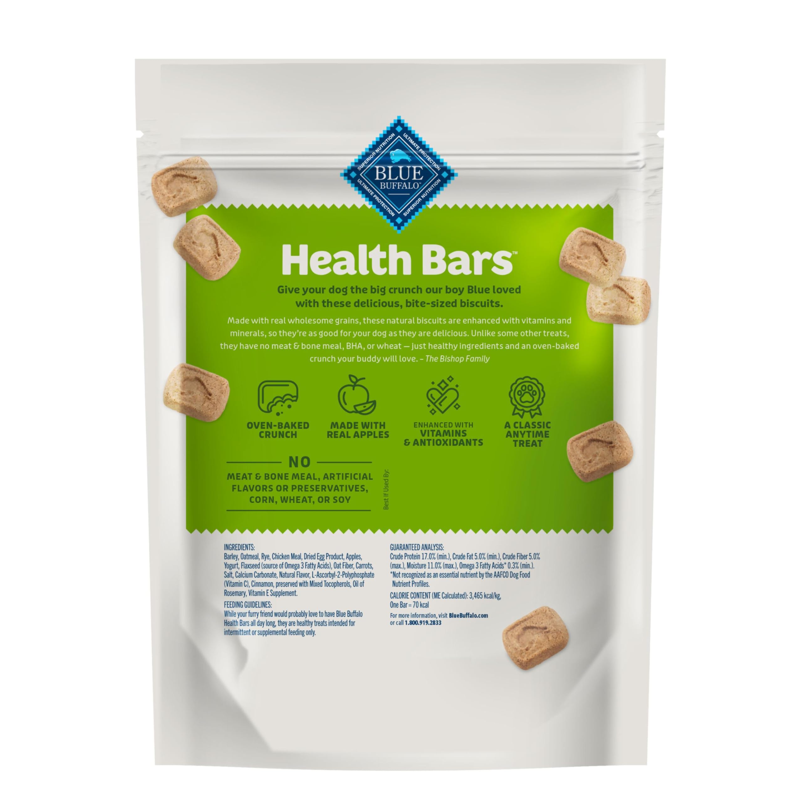 Blue Buffalo Health Bars mini biscuits show oven-baked crunch ideal for training rewards.
