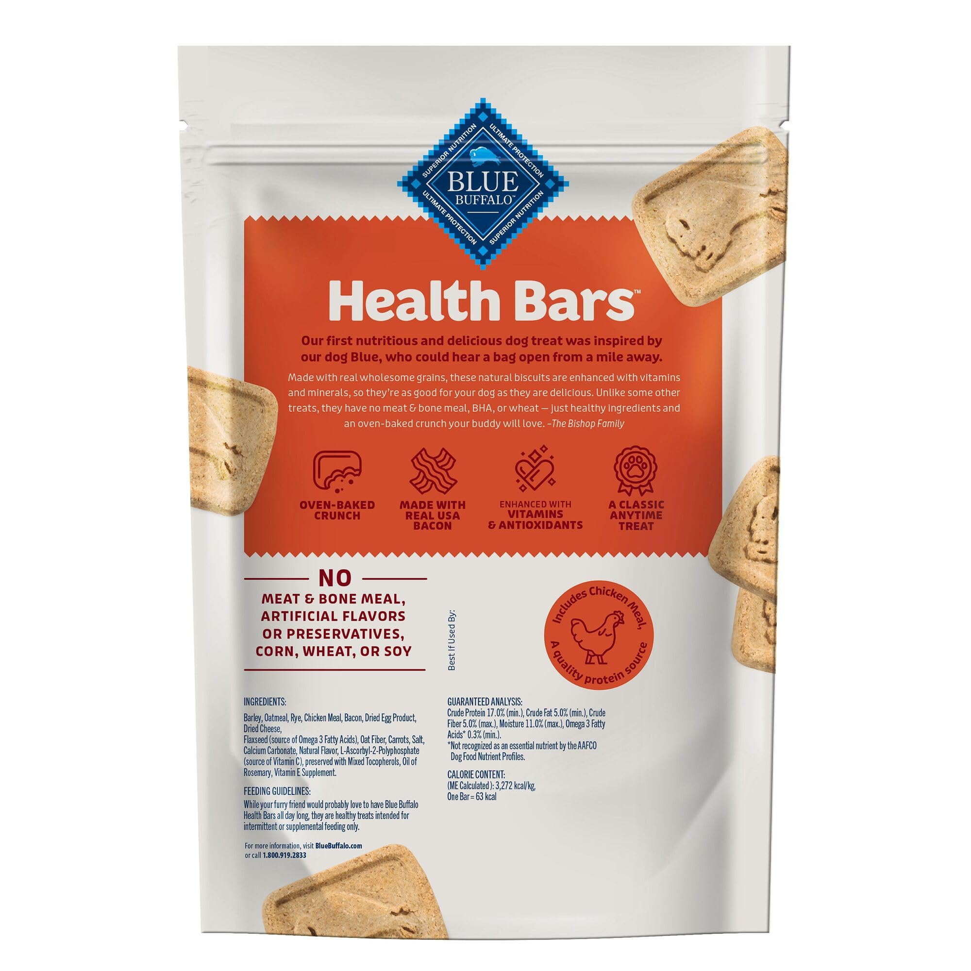 Blue Buffalo Health Bars oven baked aroma highlights savory bacon and cheese