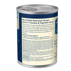 Blue Buffalo Homestyle Senior Chicken Dinner can shows protein-rich first ingredient for healthy muscles.