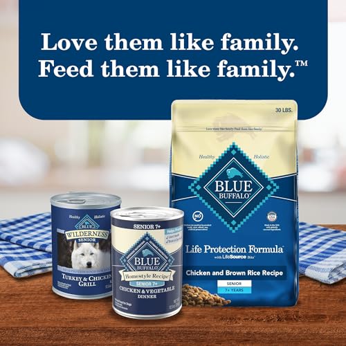 Blue Buffalo Homestyle Senior no-corn-wheat-soy label communicates allergen-free promise.