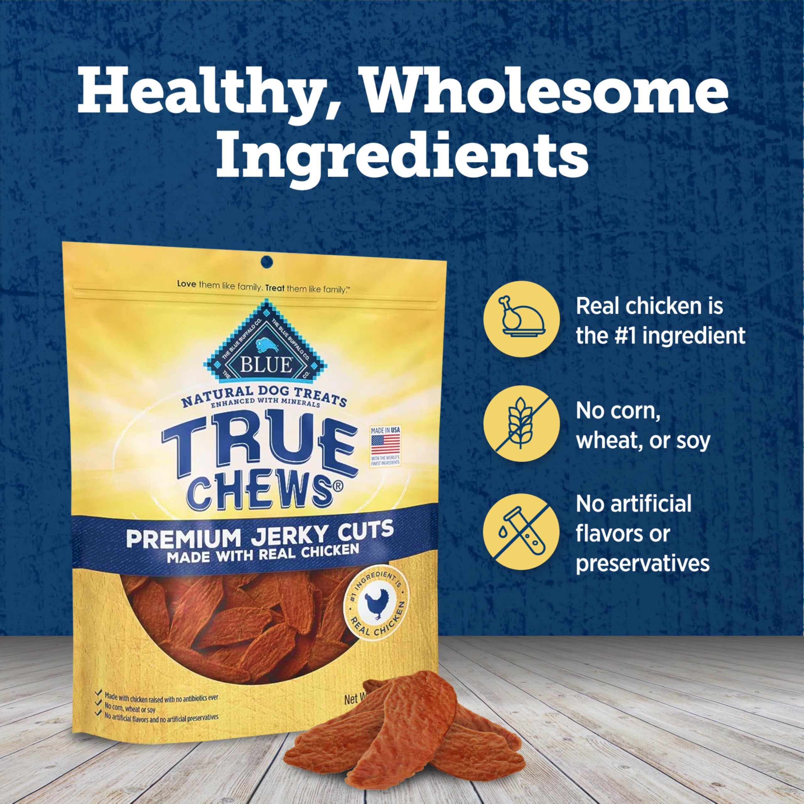 Blue Buffalo natural dog snacks without fillers like corn, wheat, or soy.