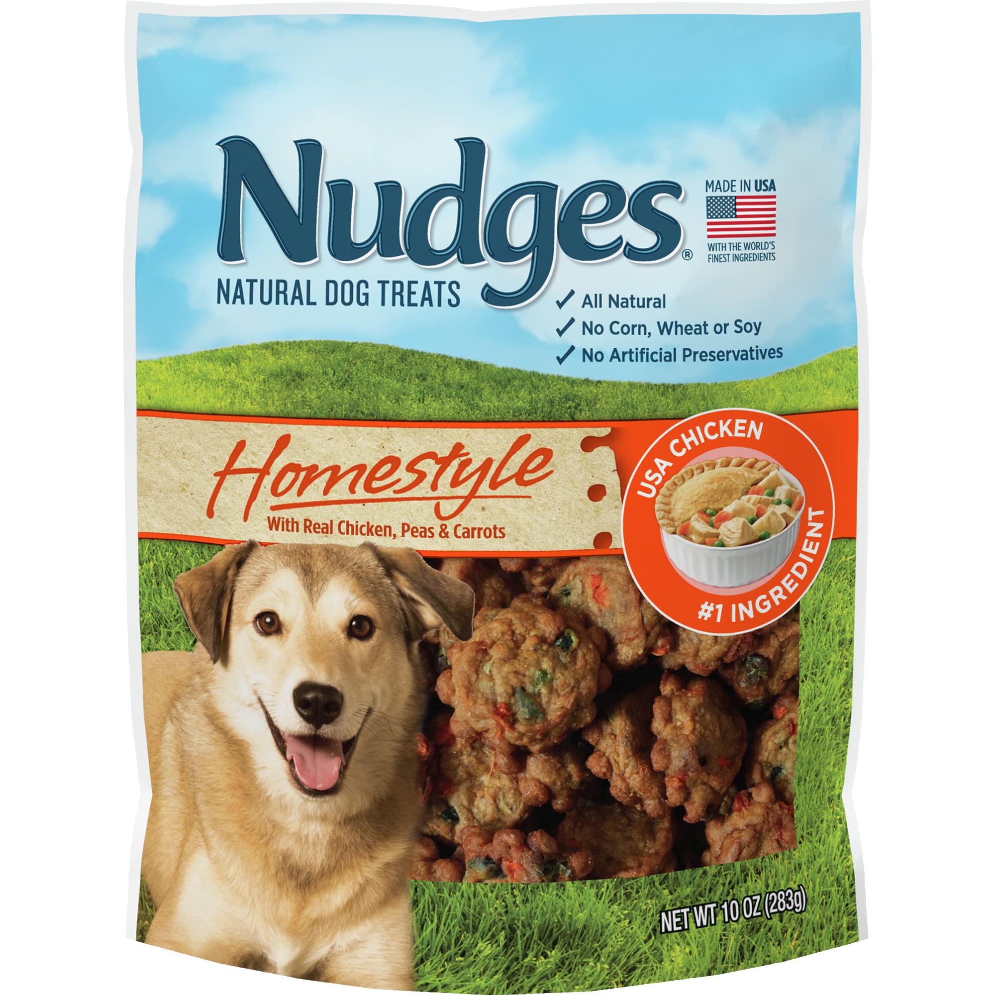Blue Buffalo Nudges Homestyle Chicken treats front bag highlight real chicken reward for dogs.