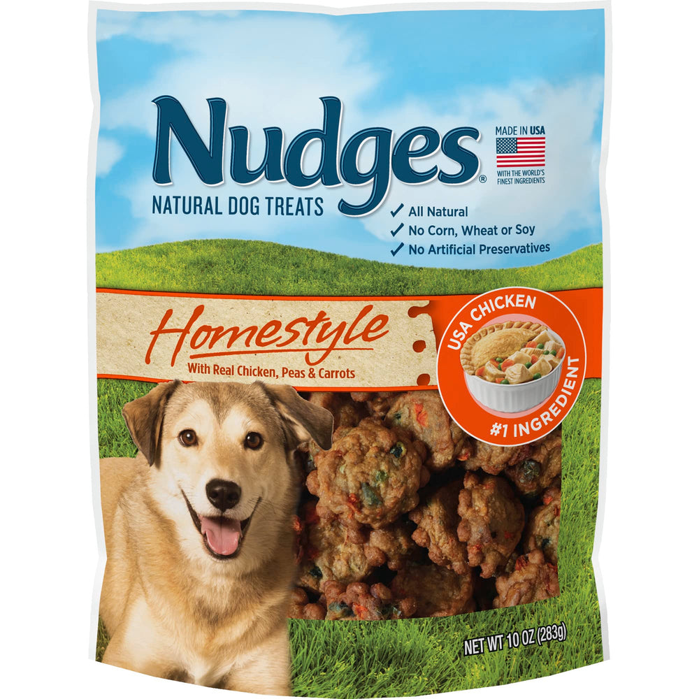 Blue Buffalo Nudges Homestyle Chicken treats front bag highlight real chicken reward for dogs.