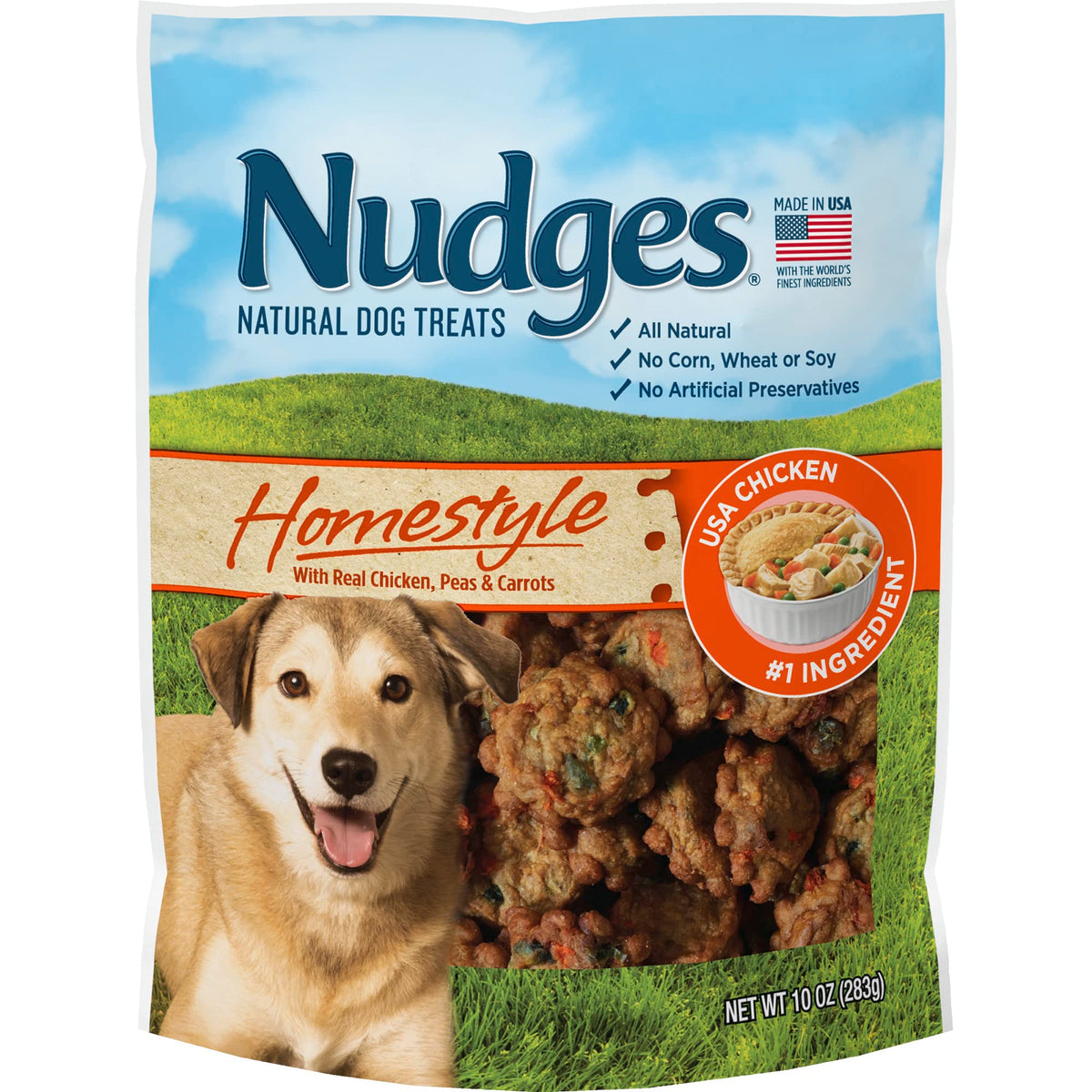 Blue Buffalo Nudges Homestyle Chicken treats front bag highlight real chicken reward for dogs.