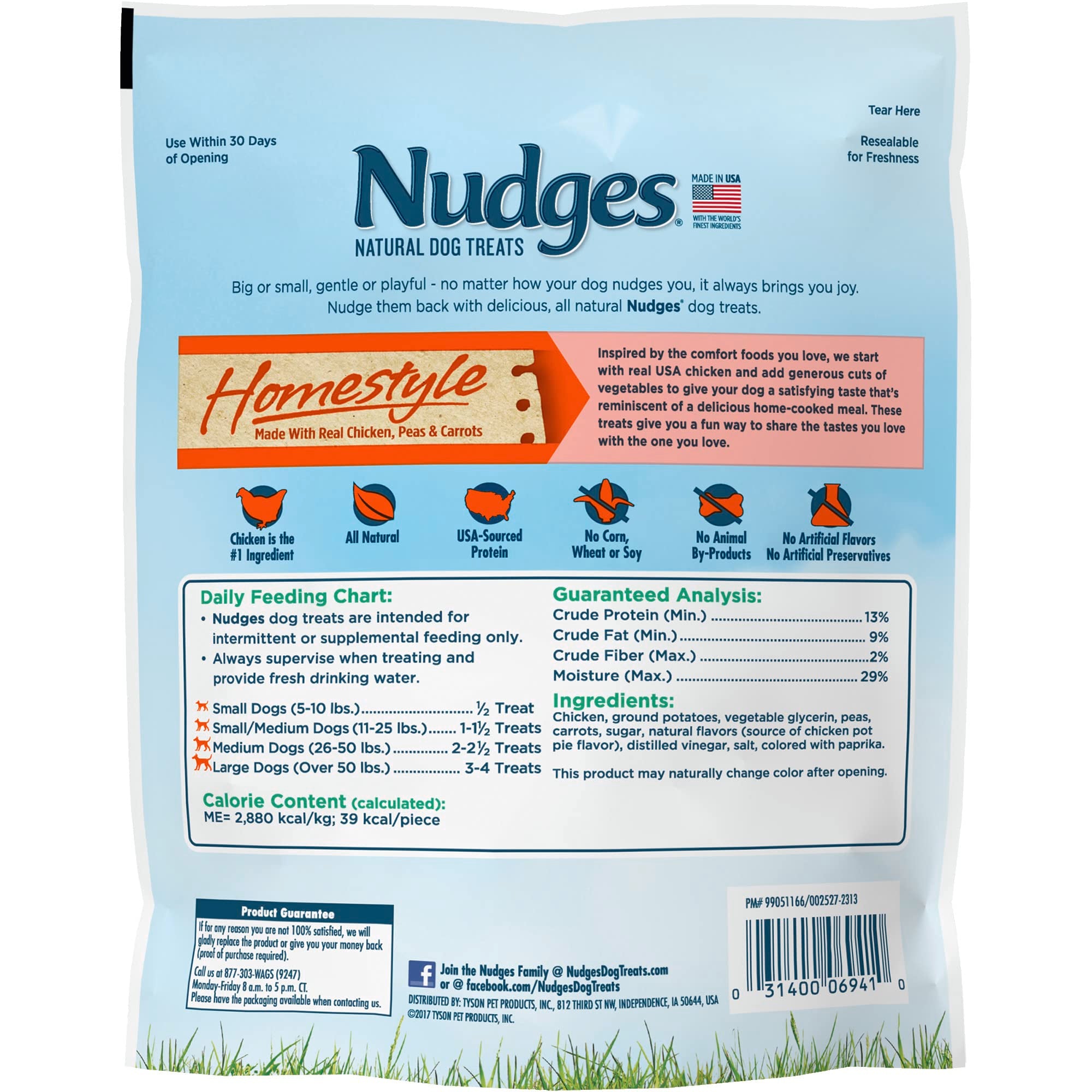 Blue Buffalo Nudges ingredients panel shows peas and carrots for wholesome snacking.