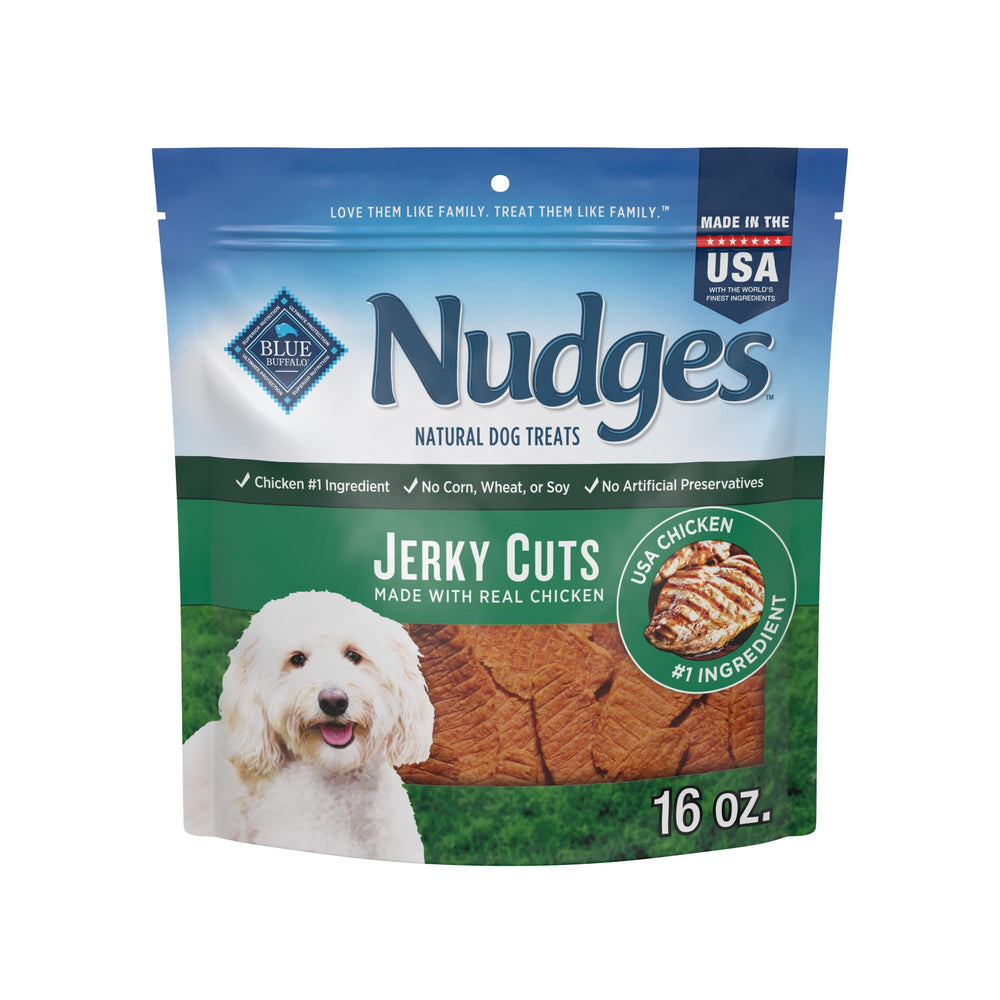 Blue Buffalo Nudges Jerky Bites packaging highlights real USA chicken for dogs