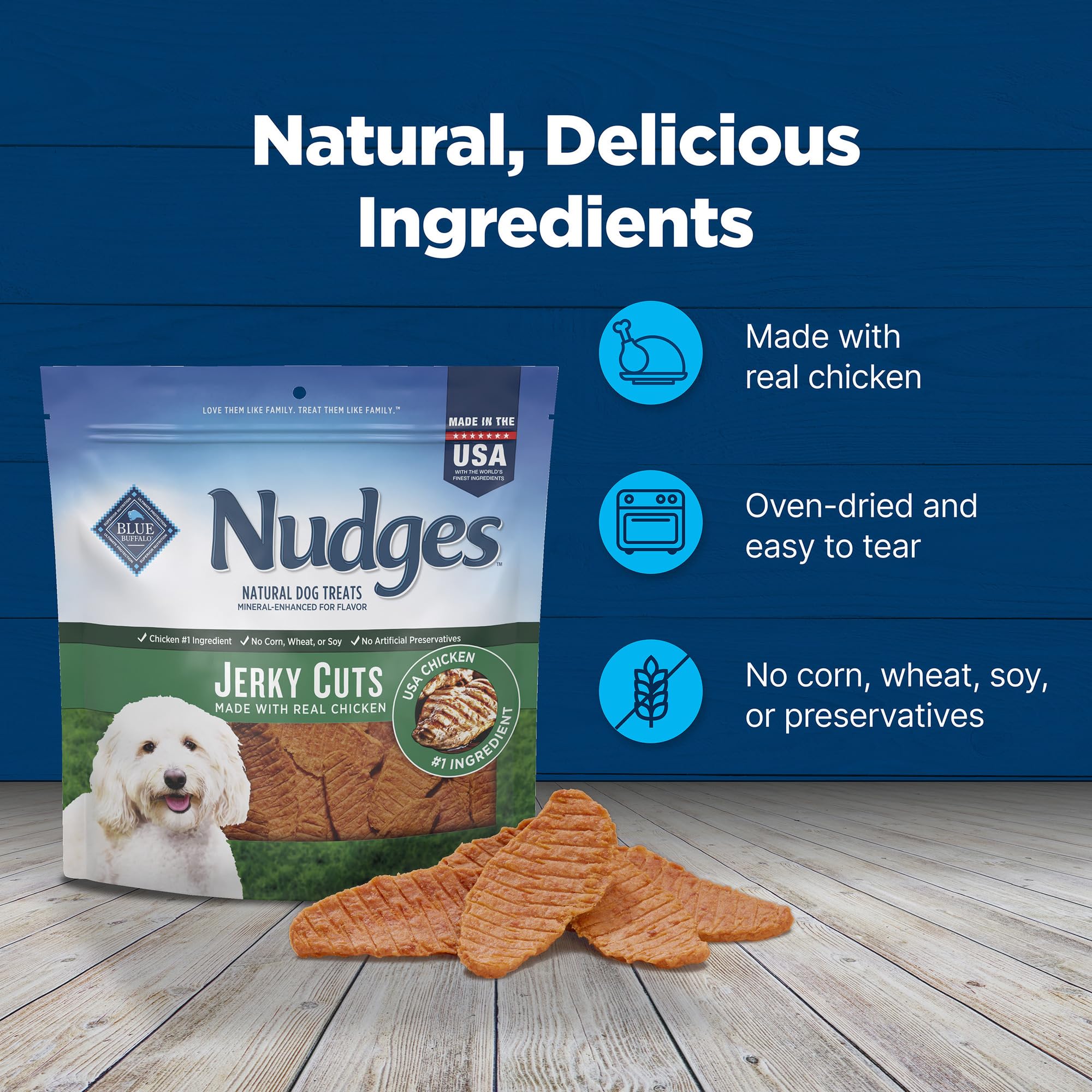 Blue Buffalo Nudges Jerky Bites nutrition label emphasizing wholesome ingredients
