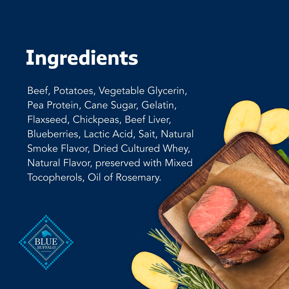 Blue Buffalo Stix Beef Recipe flaxseed highlight suggests wholesome fiber for daily treat routine