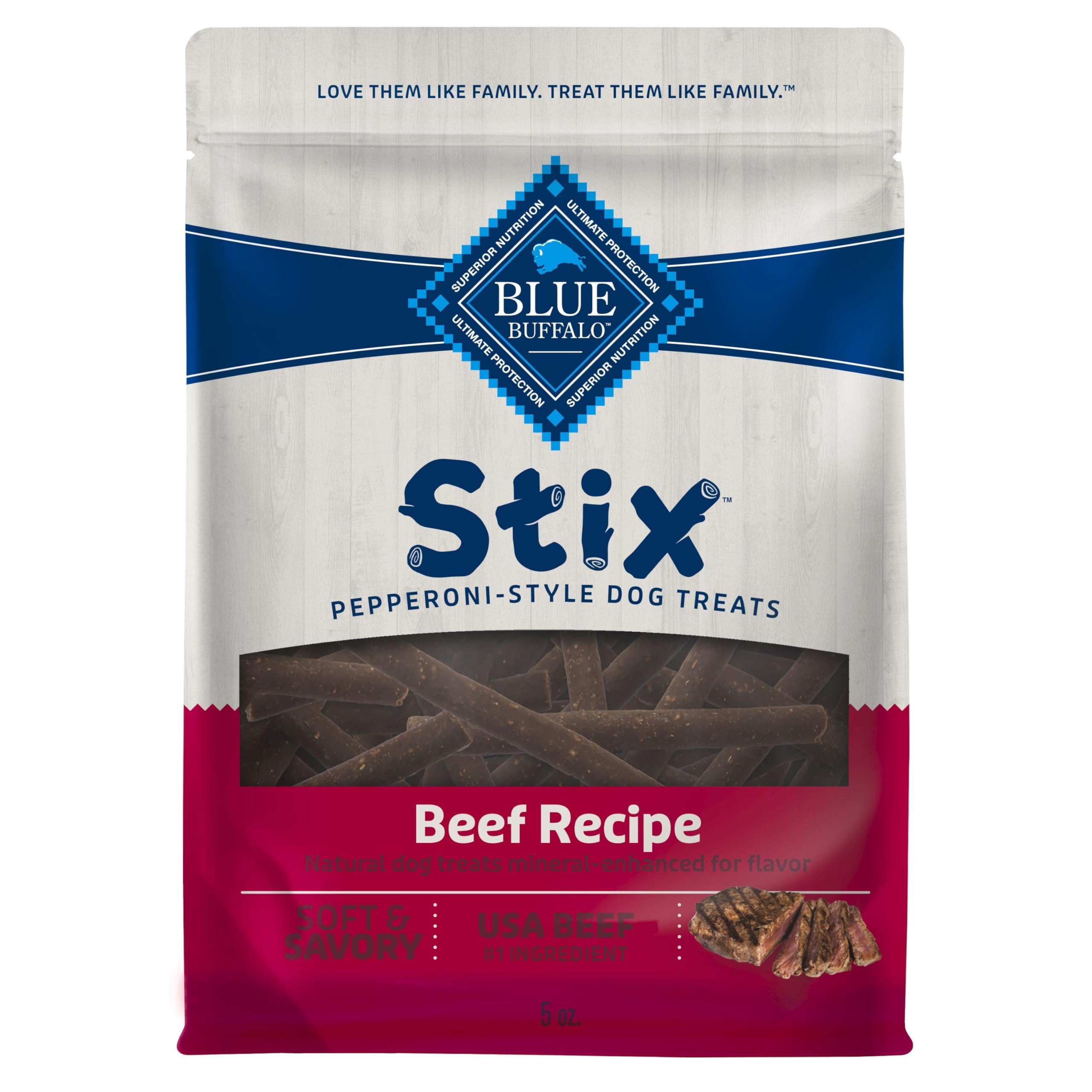 Blue Buffalo Stix Beef Recipe front packaging shows wholesome rewards for daily training