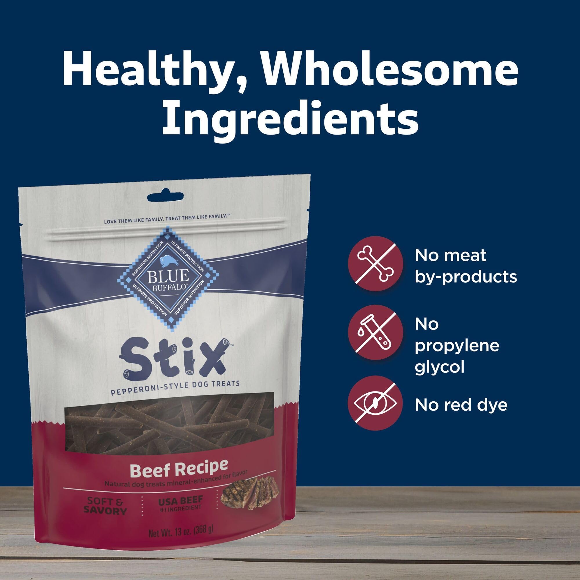 Blue Buffalo Stix Beef Recipe no artificial preservatives label communicates clean ingredient promise