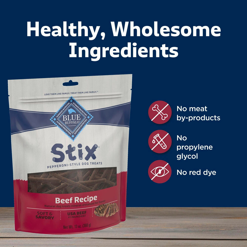 Blue Buffalo Stix Beef Recipe no artificial preservatives label communicates clean ingredient promise