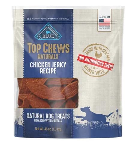 Blue Buffalo Top Chews chicken jerky bag closeup, ideal training reward.