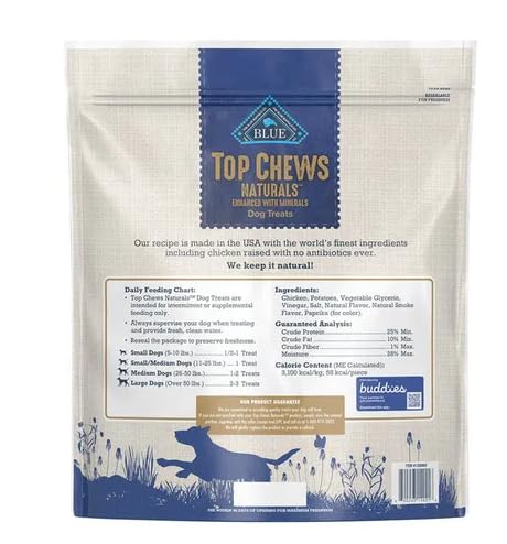 Blue Buffalo Top Chews chicken jerky serving tray image, a tasty daily treat.