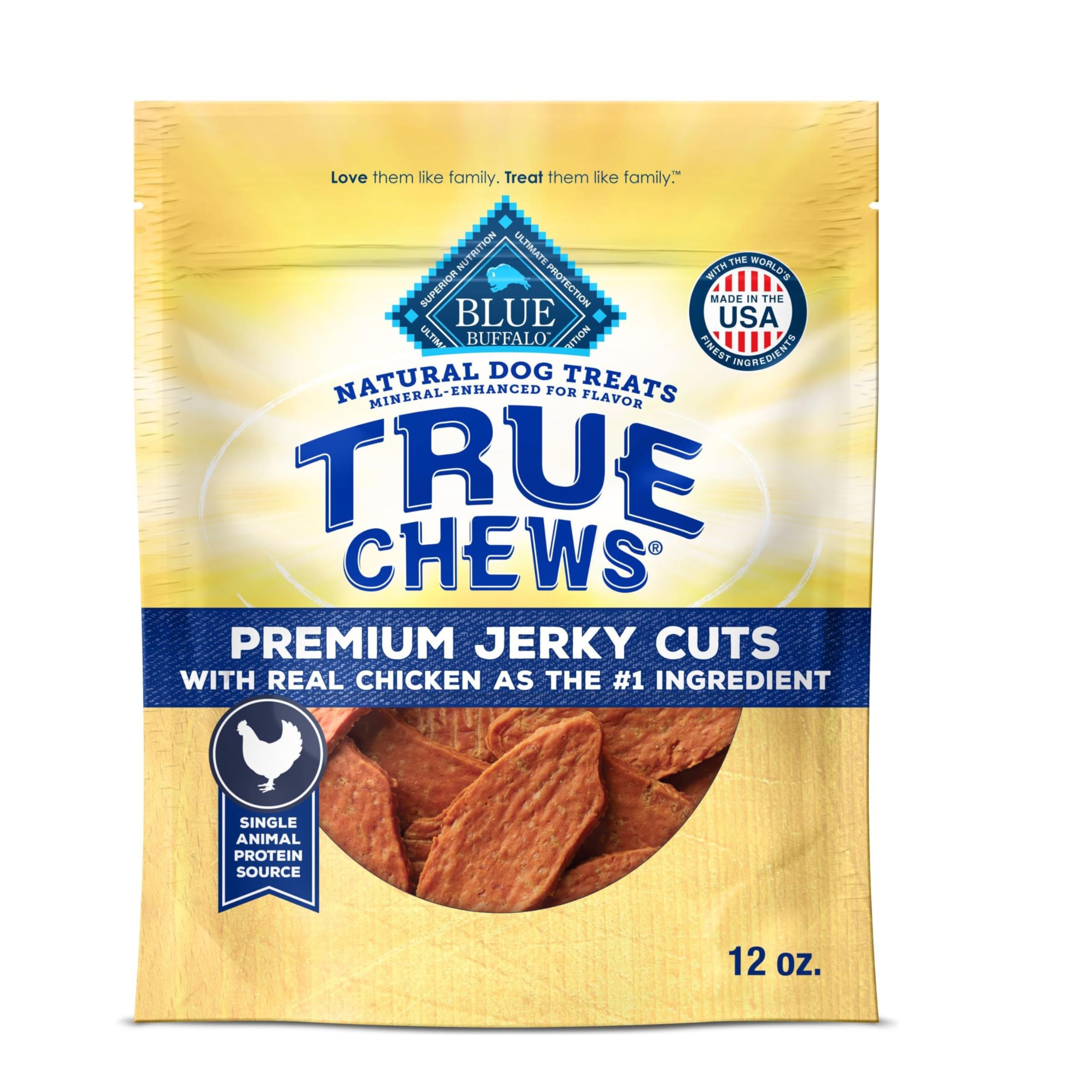 Blue Buffalo True Chews Jerky Cuts chicken bag — tender, easy-to-tear rewards.