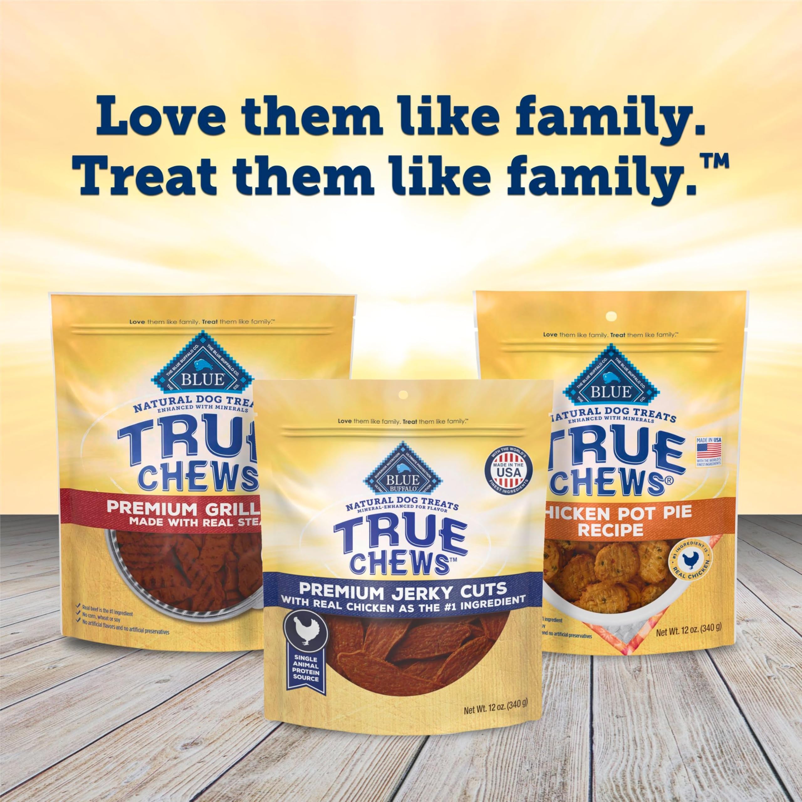 Blue Buffalo True Chews Jerky Cuts chicken — dog-reward ritual during daily routines.