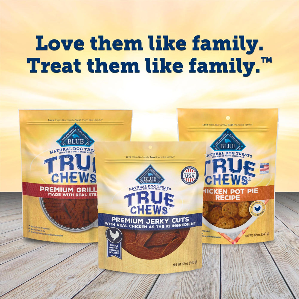 Blue Buffalo True Chews Jerky Cuts chicken — dog-reward ritual during daily routines.