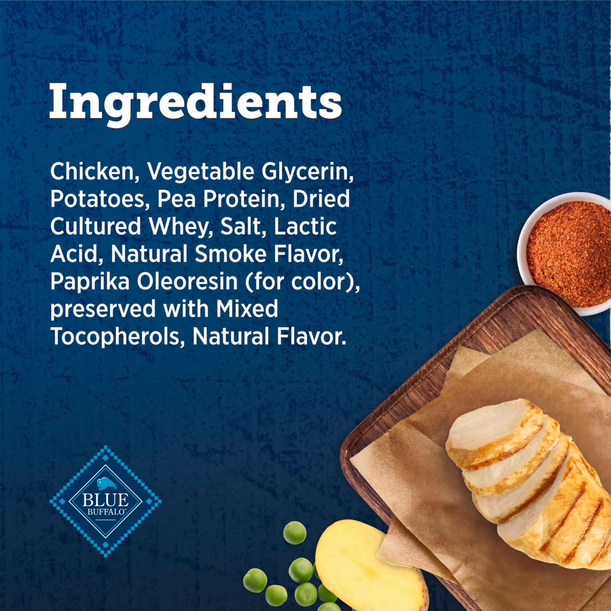 Blue Buffalo True Chews Jerky Cuts chicken — no artificial flavors or preservatives.