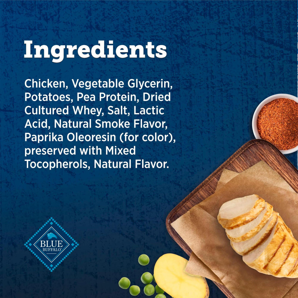 Blue Buffalo True Chews Jerky Cuts chicken — no artificial flavors or preservatives.