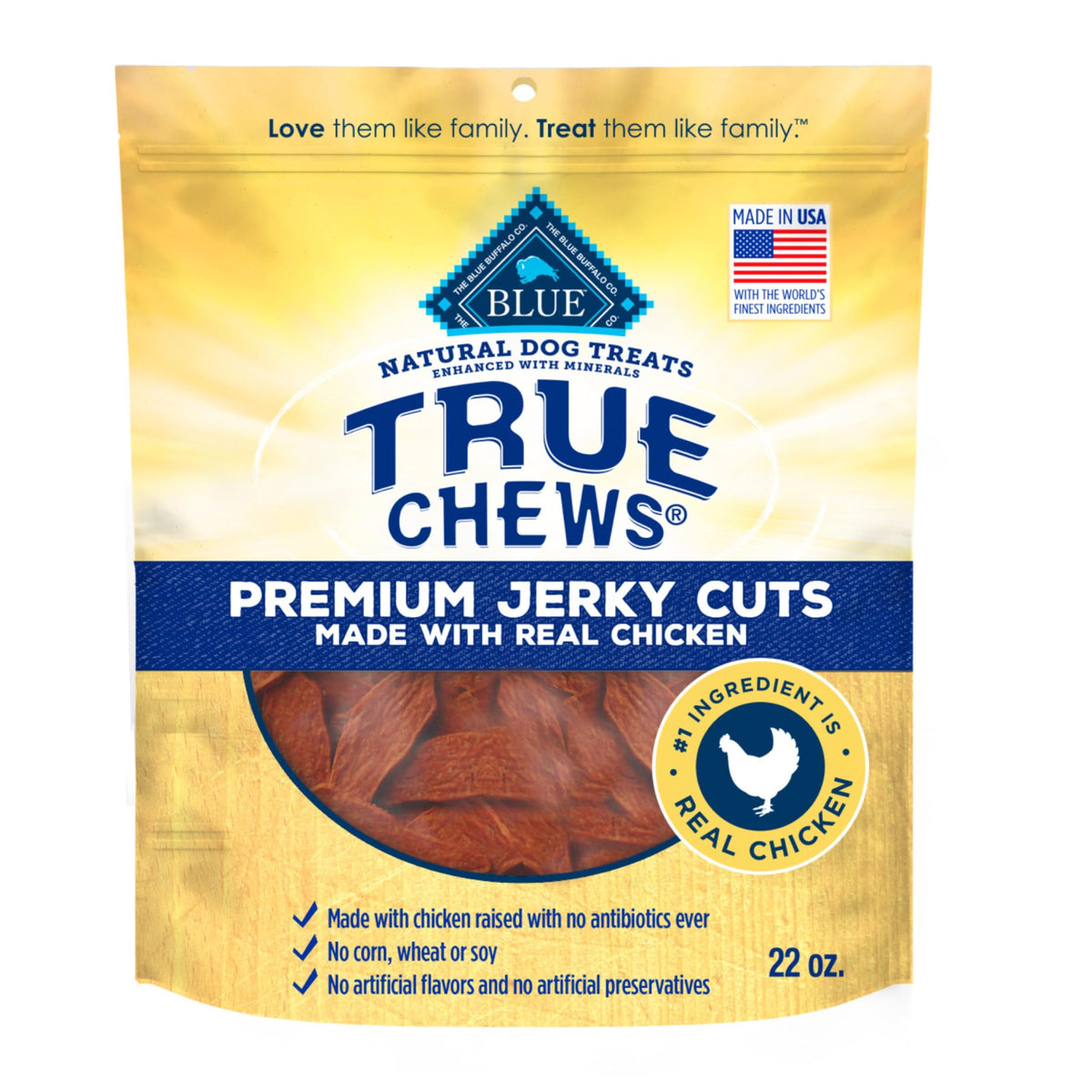 Blue Buffalo True Chews Jerky Cuts Chicken real meat first for tasty rewards.
