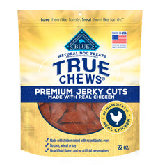 Blue Buffalo True Chews Jerky Cuts Chicken real meat first for tasty rewards.