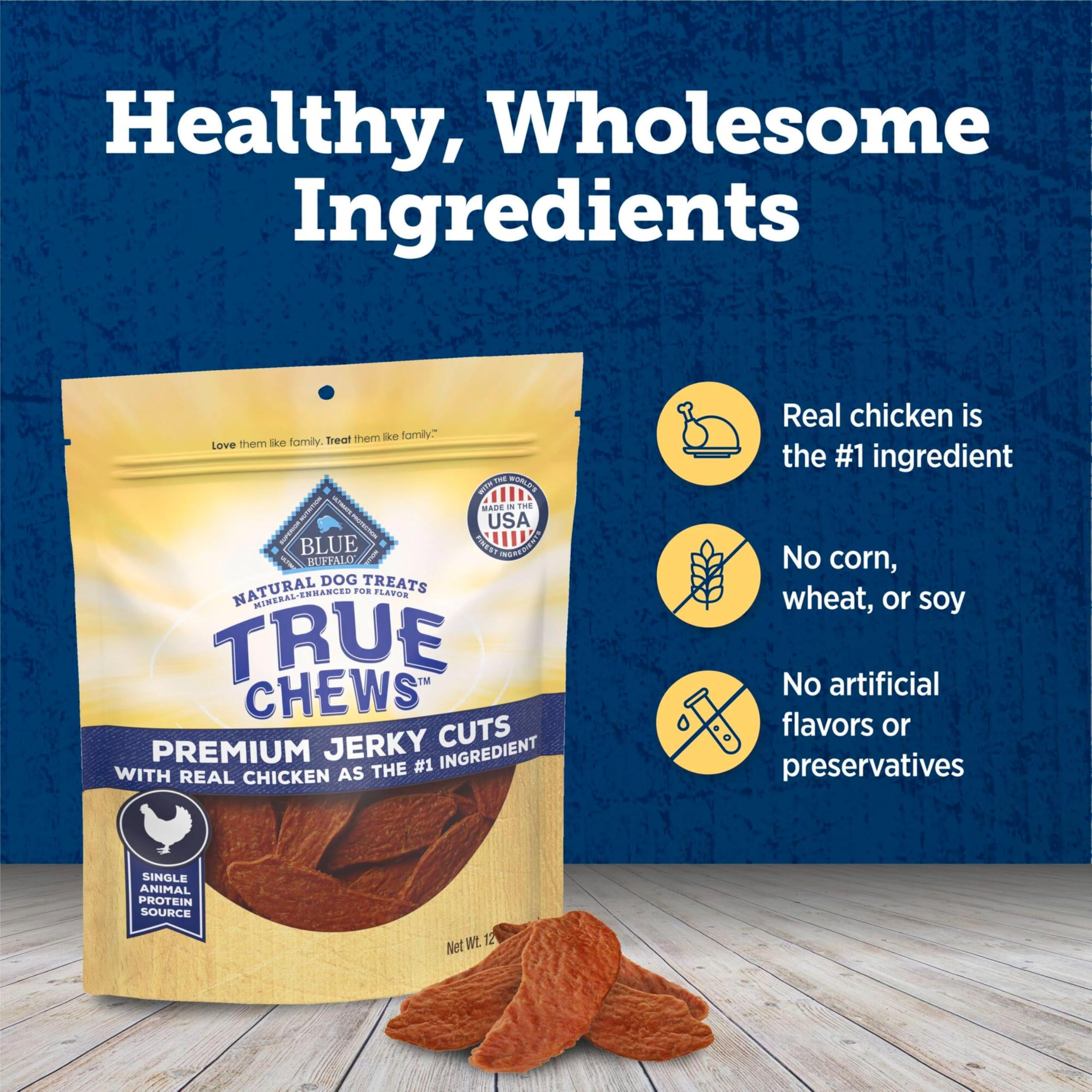 Blue Buffalo True Chews Jerky Cuts chicken training-snack — perfect for positive reinforcement.