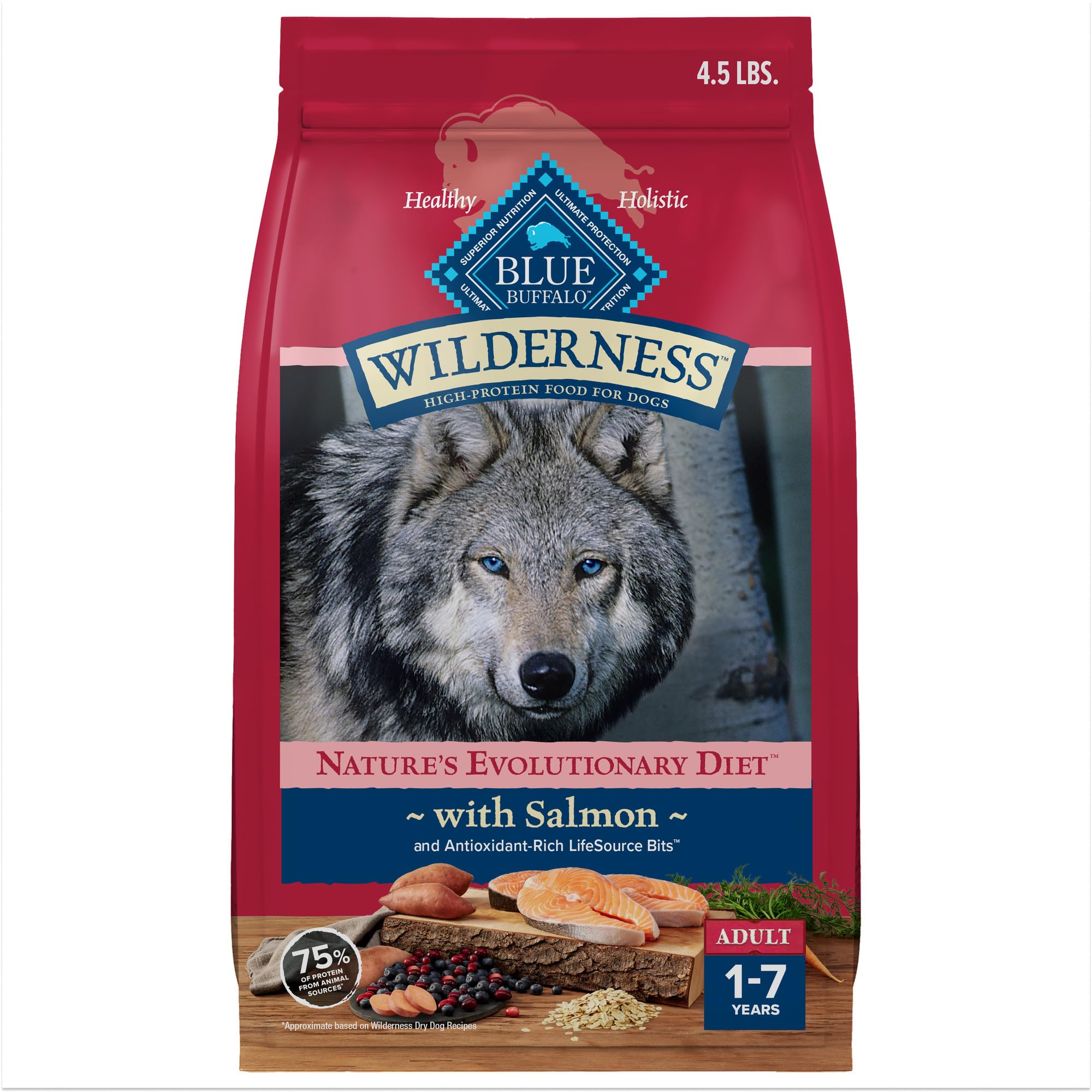 Blue Buffalo Wilderness Salmon First Ingredient fuels lean muscle and natural energy.