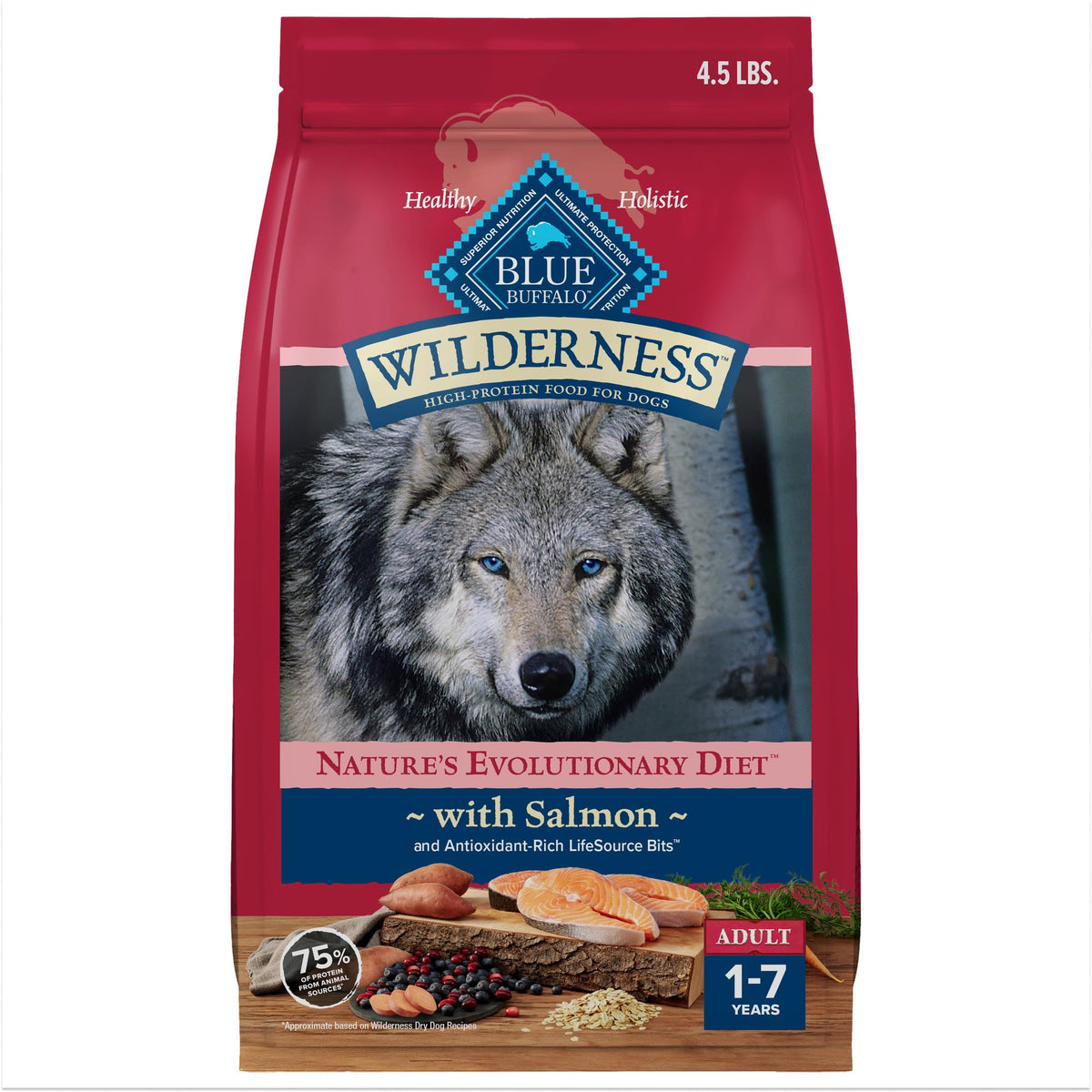 Blue Buffalo Wilderness Salmon First Ingredient fuels lean muscle and natural energy.
