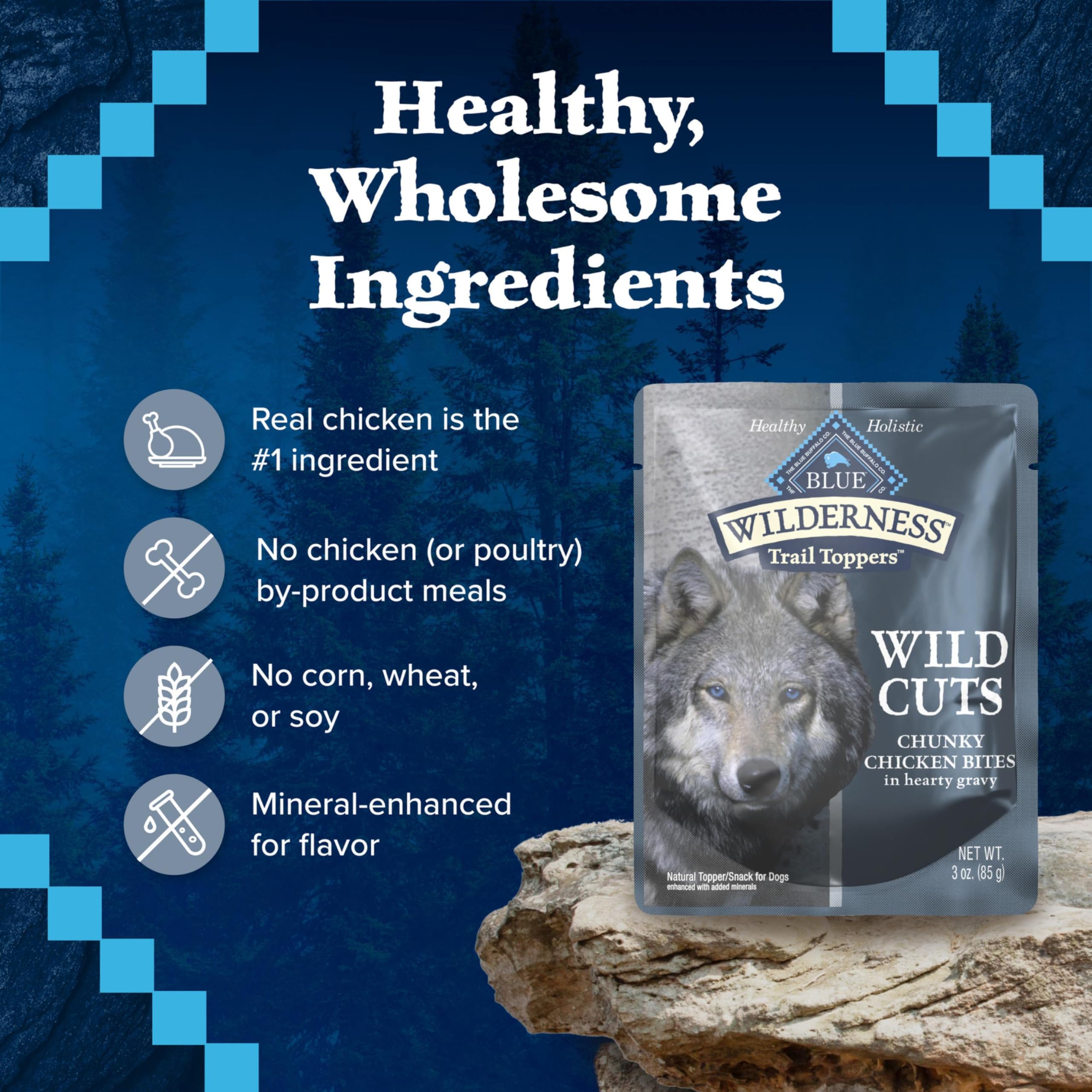 Blue Buffalo Wilderness Trail Toppers 3-oz-pouch image shows portion-controlled meals on the go