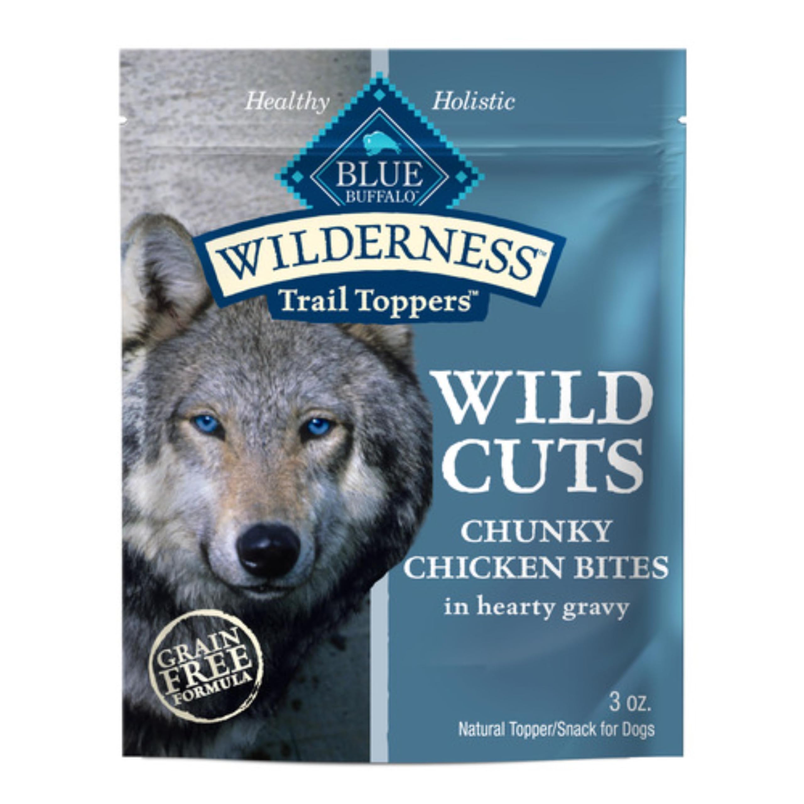 Blue Buffalo Wilderness Trail Toppers chicken bites in gravy closeup enhance dry meals with flavor