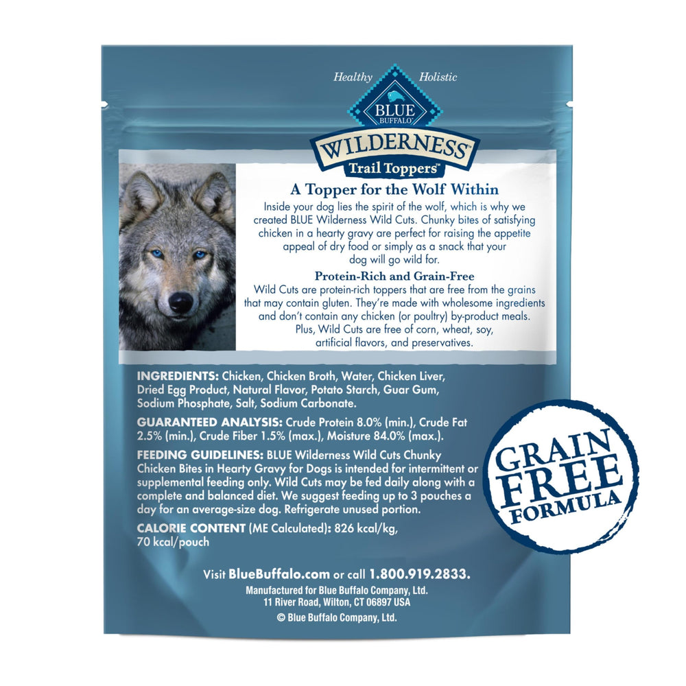 Blue Buffalo Wilderness Trail Toppers serving suggestion highlights real chicken bites for protein-packed treats
