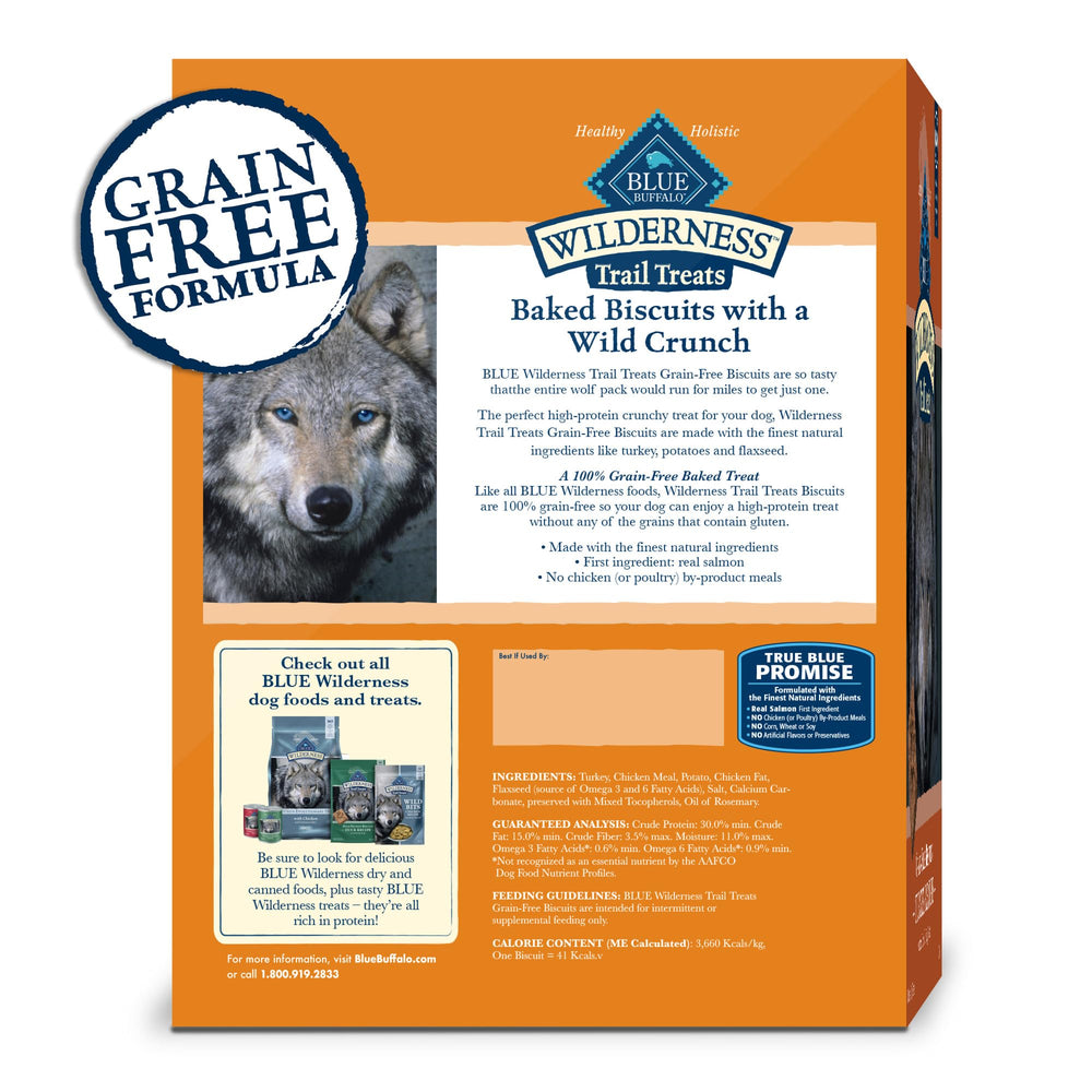 Blue Buffalo Wilderness Trail Treats close-up shows crunchy turkey biscuits ideal for training rewards