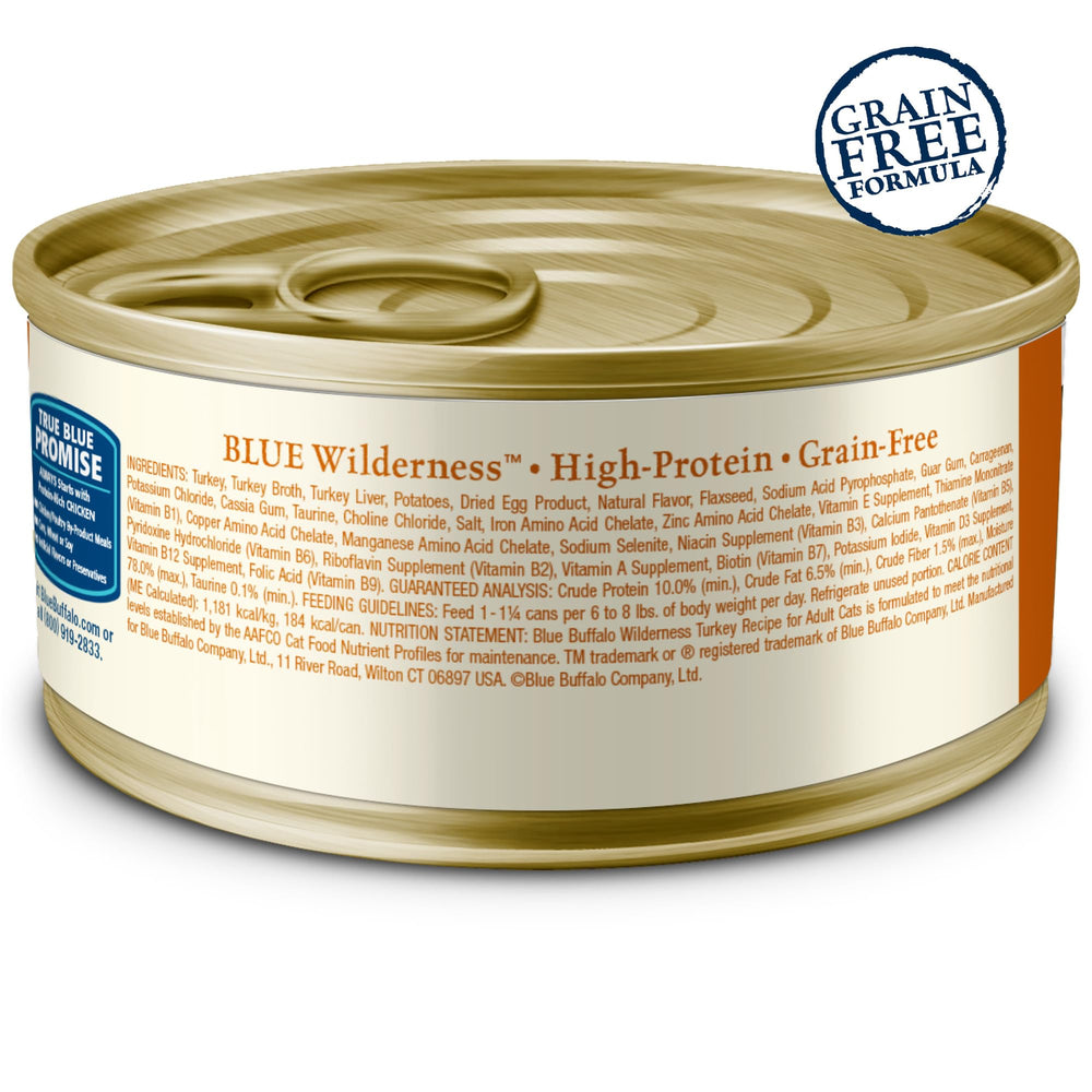 Blue Buffalo Wilderness turkey pate can-angled-view highlights smooth pate texture for easy serving.