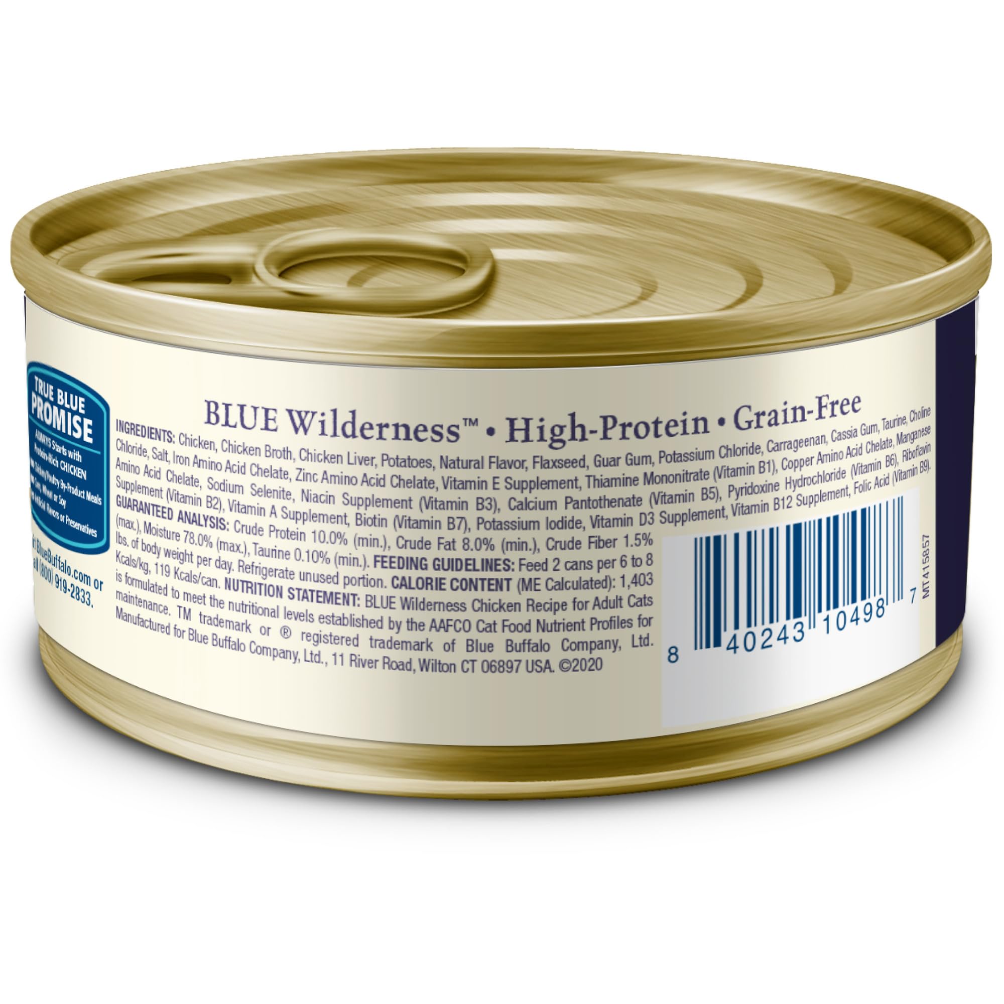 Blue Buffalo Wilderness wet cat food chicken-first ingredient indicator shows protein-rich, active cat nutrition