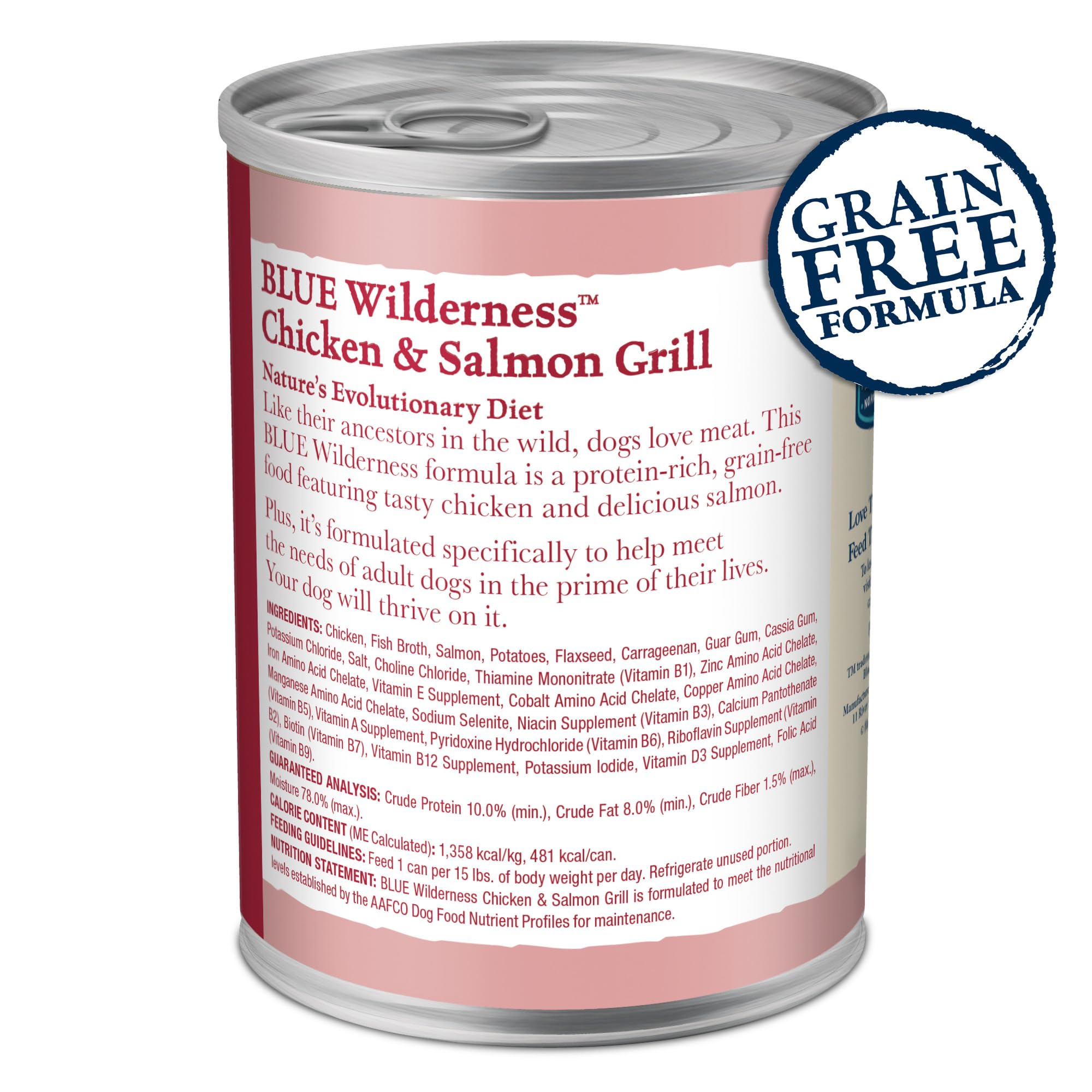 Blue Buffalo Wilderness Wet Dog Food Chicken Grill highlights high-protein flavor for active dogs.