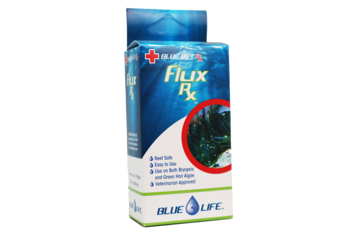 Blue Life Flux Rx bottle label highlights 2000 mg dosage and reef-safe promise.