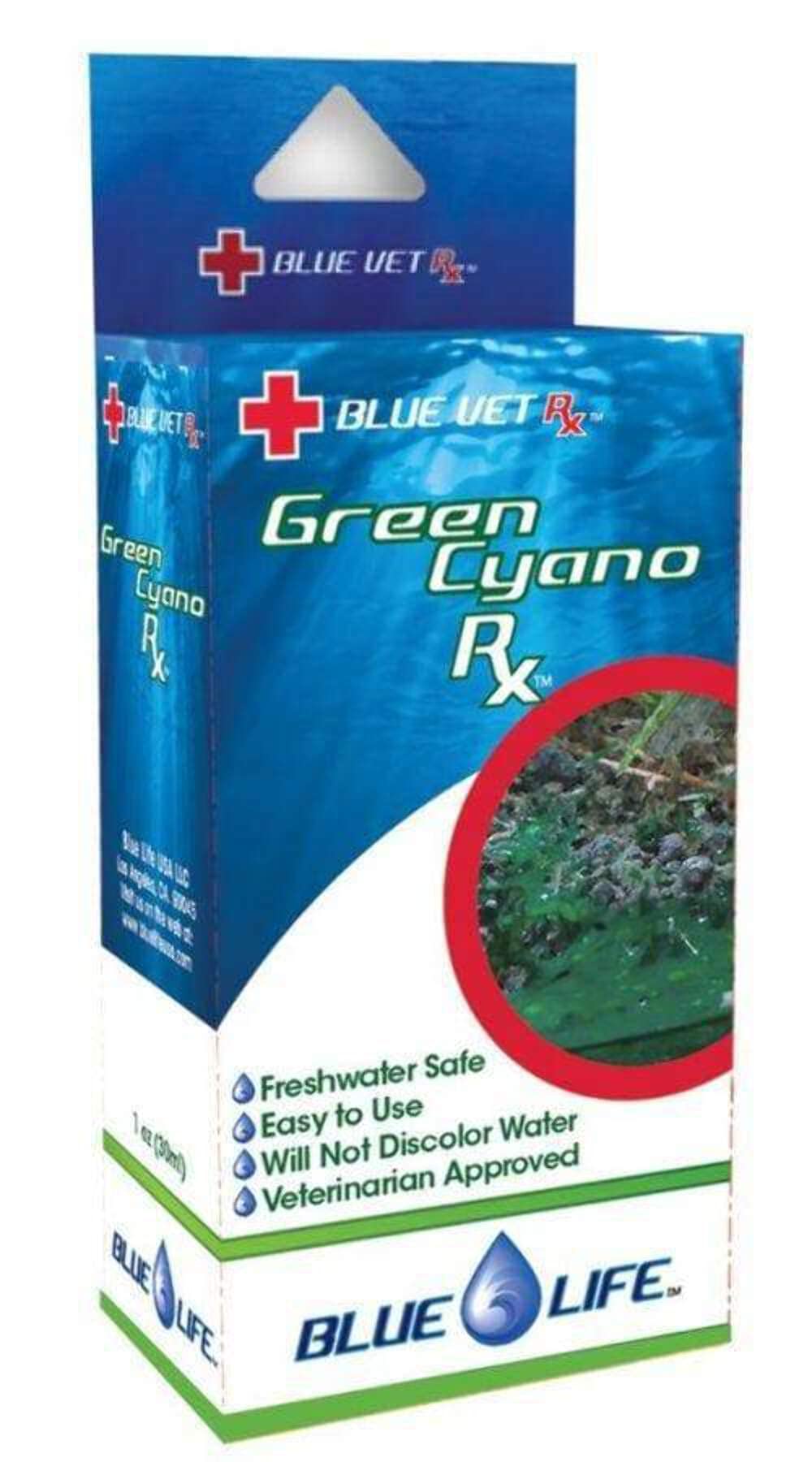 Blue Life Green Cyano Rx bottle for aquariums, supporting clarity and balanced tank health.