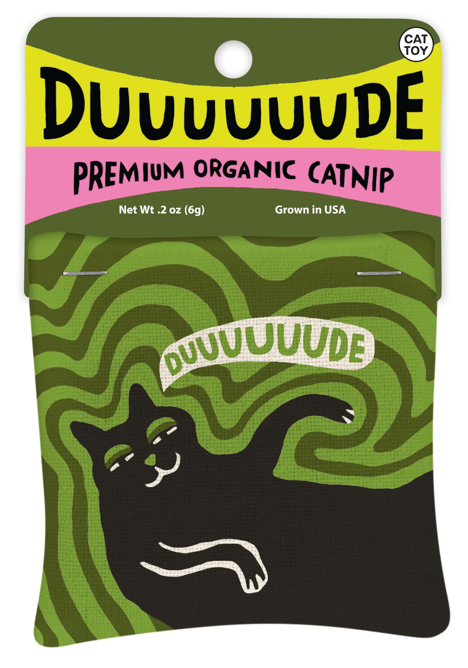 Blue Q Duuuuuuude catnip toy front face silkscreen for interactive play