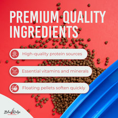 Blue Ridge floating pond pellets feed koi without sinking, aiding surface feeding