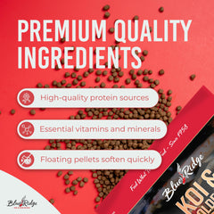 Blue Ridge Koi Fish Food nutrition label emphasizes vitamins and minerals.