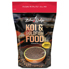 Blue Ridge Koi Food 2lb bag back highlights ingredients and feeding guidelines.