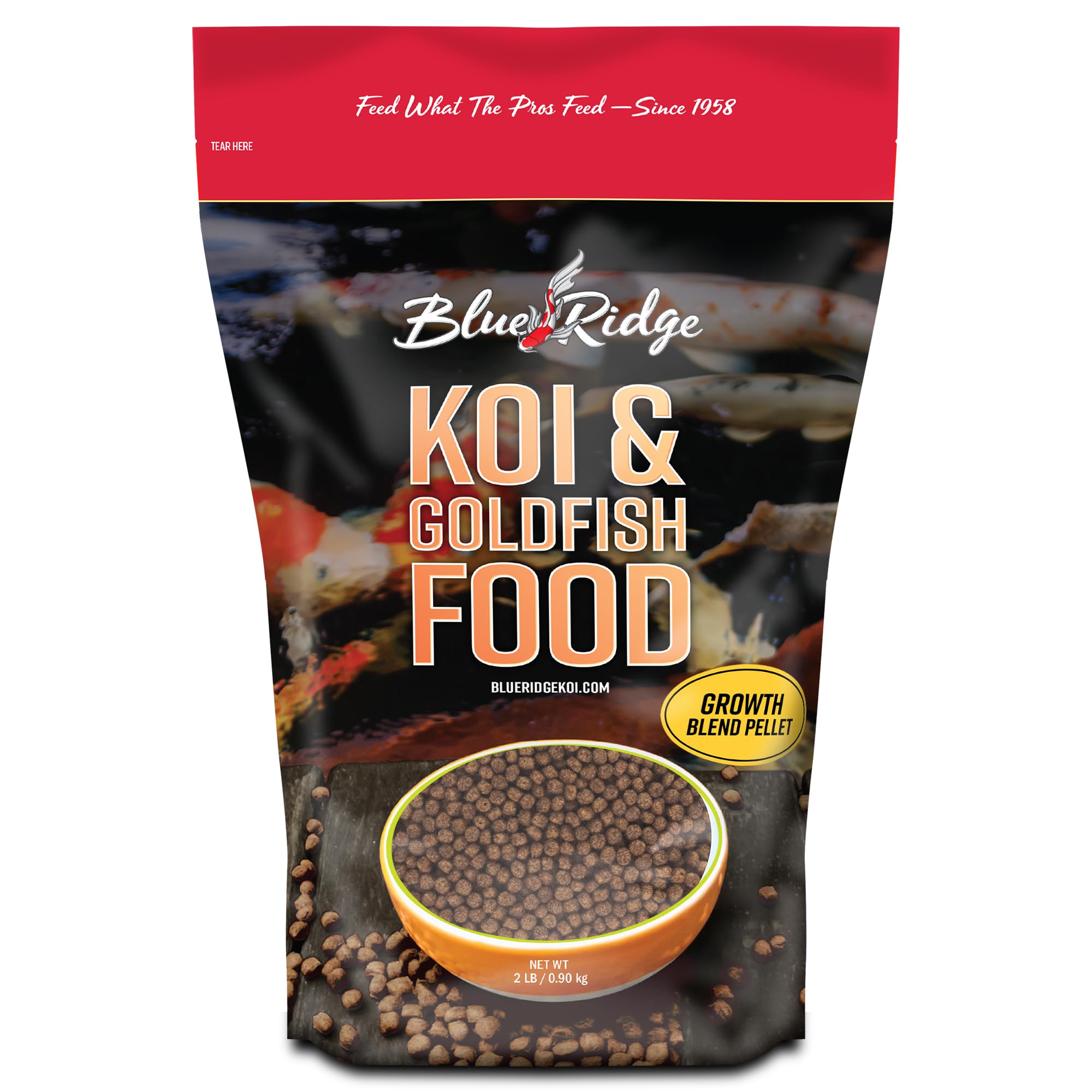 Blue Ridge Koi Food 2lb bag front shows packaging designed for easy pond feeding.