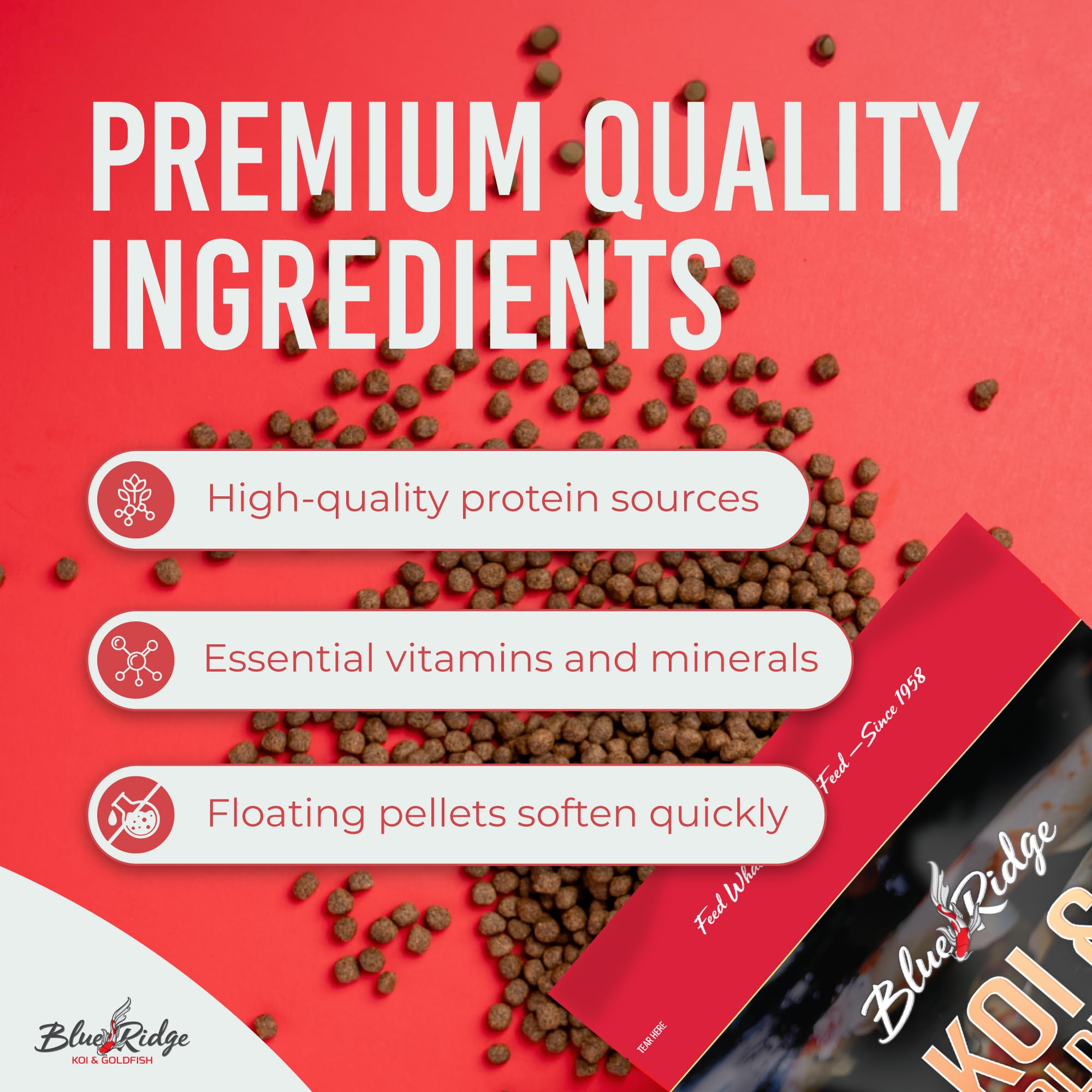 Blue Ridge Koi Food 3/16-inch blend with large and mini pellets for balanced pond nutrition.
