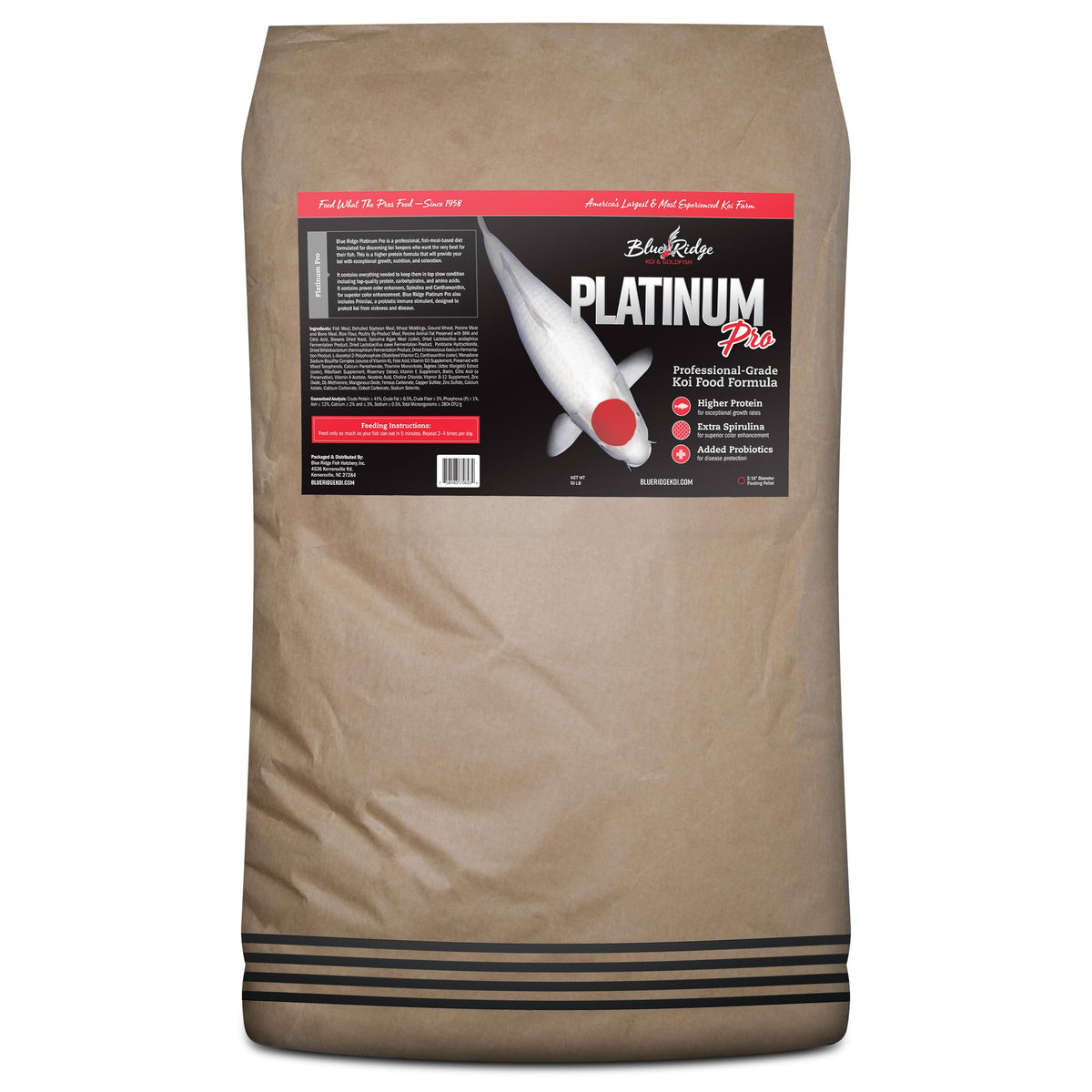 Blue Ridge Koi Food 50lb bag with premium pellets for pond nutrition.