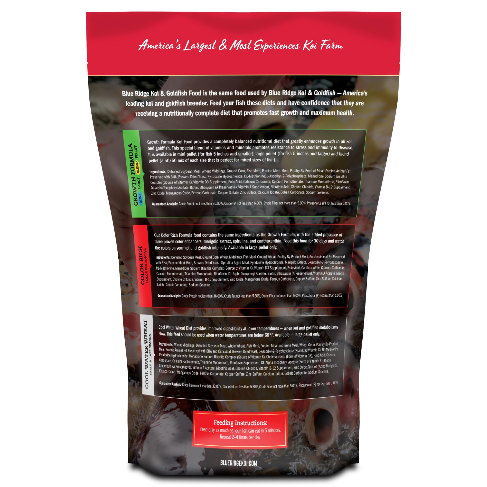Blue Ridge Koi Food bag back highlights complete nutrition and guarantee.