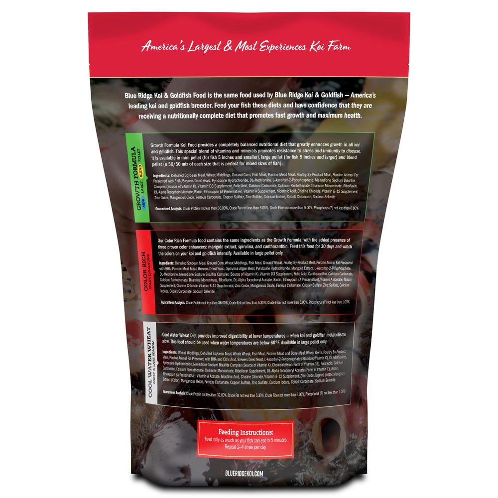 Blue Ridge Koi Food bag back highlights complete nutrition and guarantee.