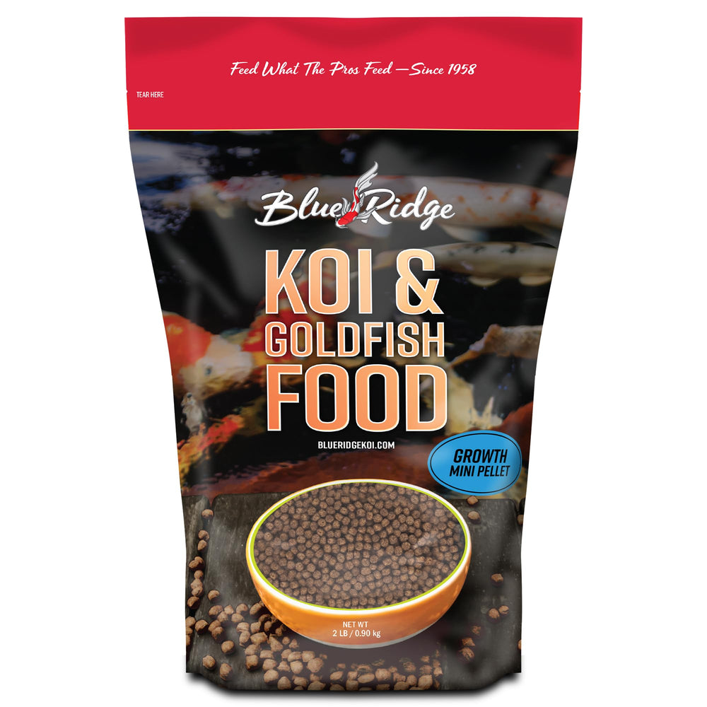 Blue Ridge Koi Food bag front shows premium pond nutrition for growth.