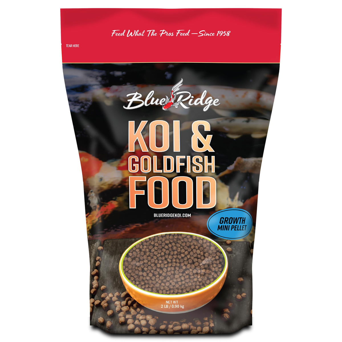 Blue Ridge Koi Food bag front shows premium pond nutrition for growth.