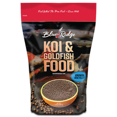 Blue Ridge Koi Food bag front shows premium pond nutrition for growth.