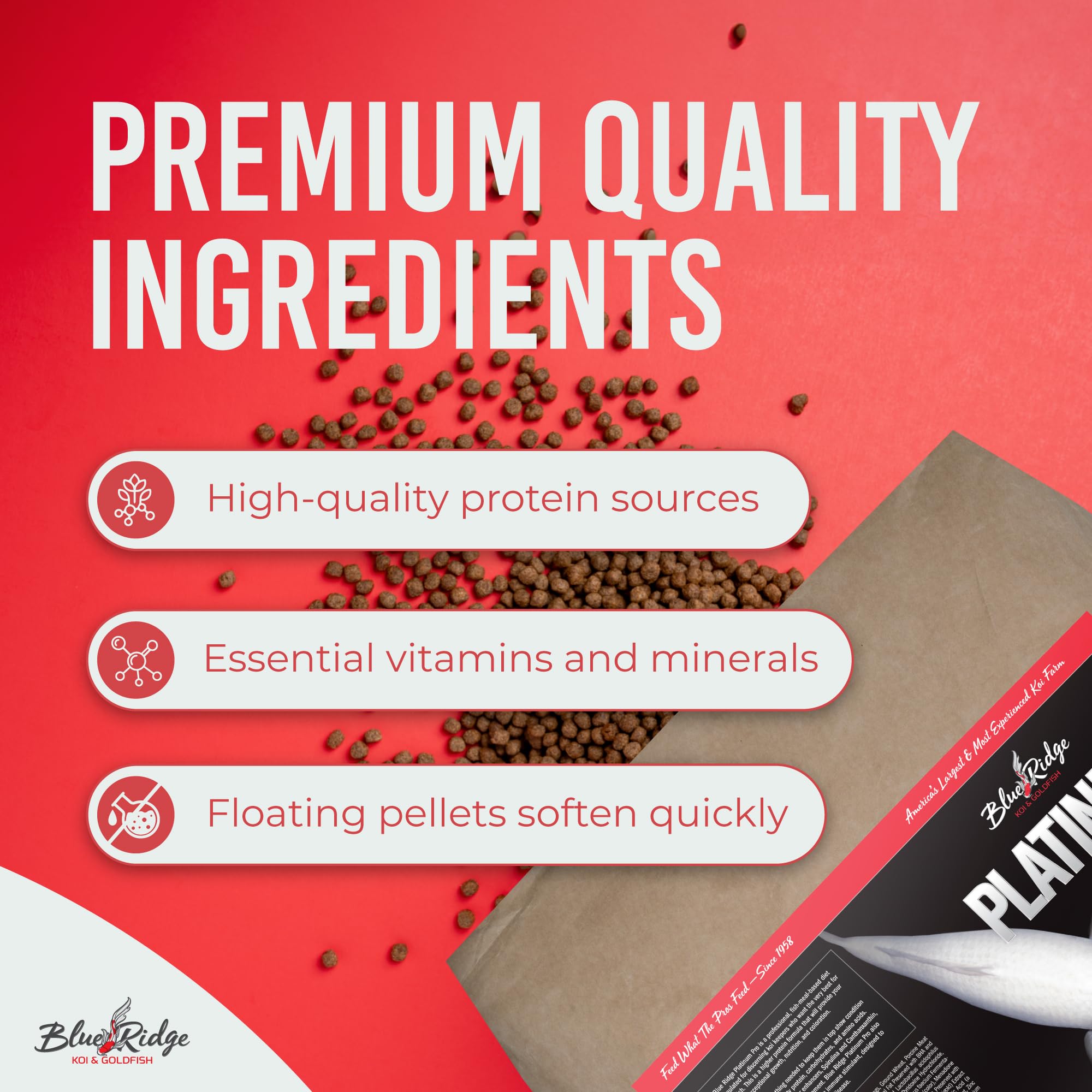Blue Ridge Koi Food color-boost pellets enhance koi color vibrancy.