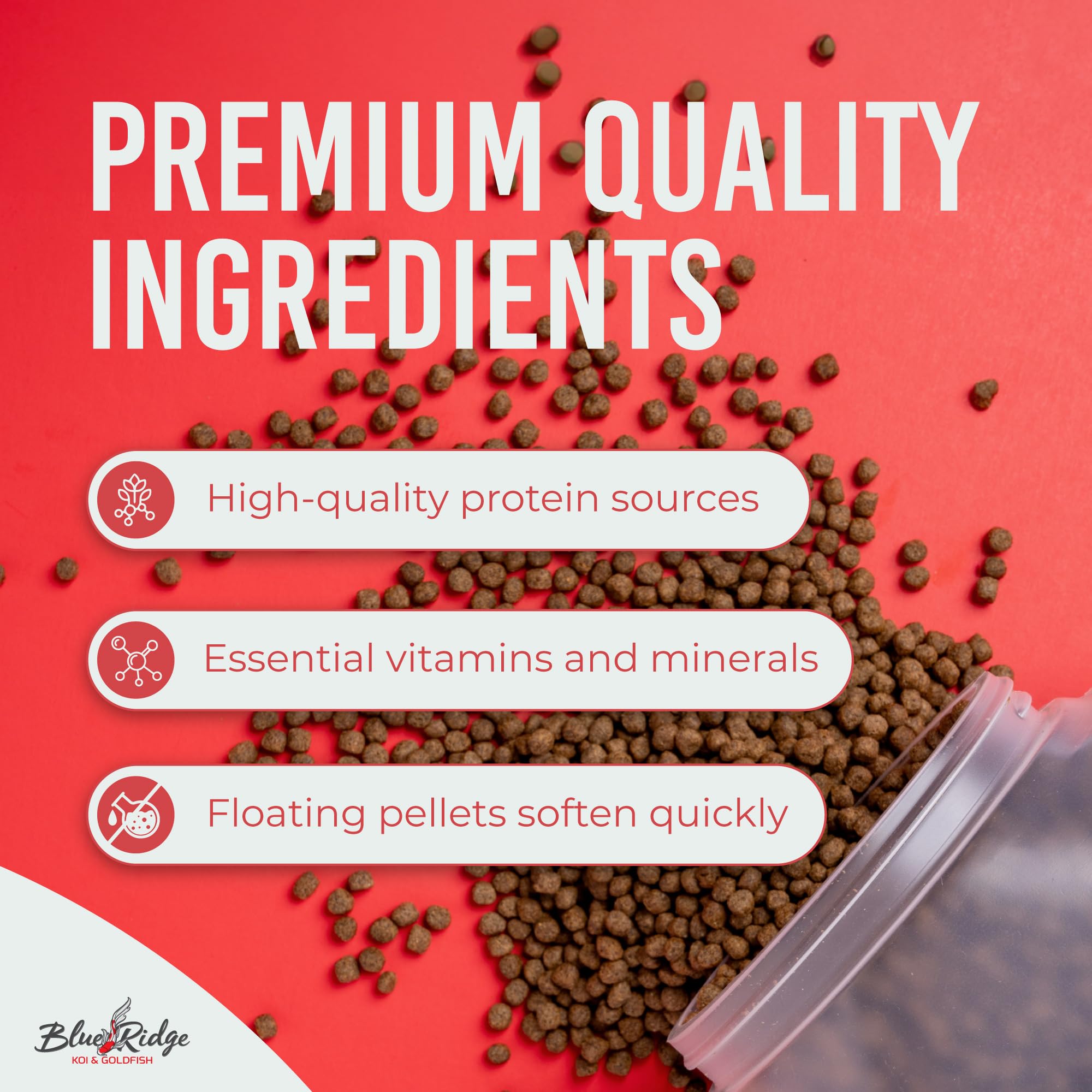 Blue Ridge Koi Food color-enhancer pellets featuring spirulina and canthaxanthin.